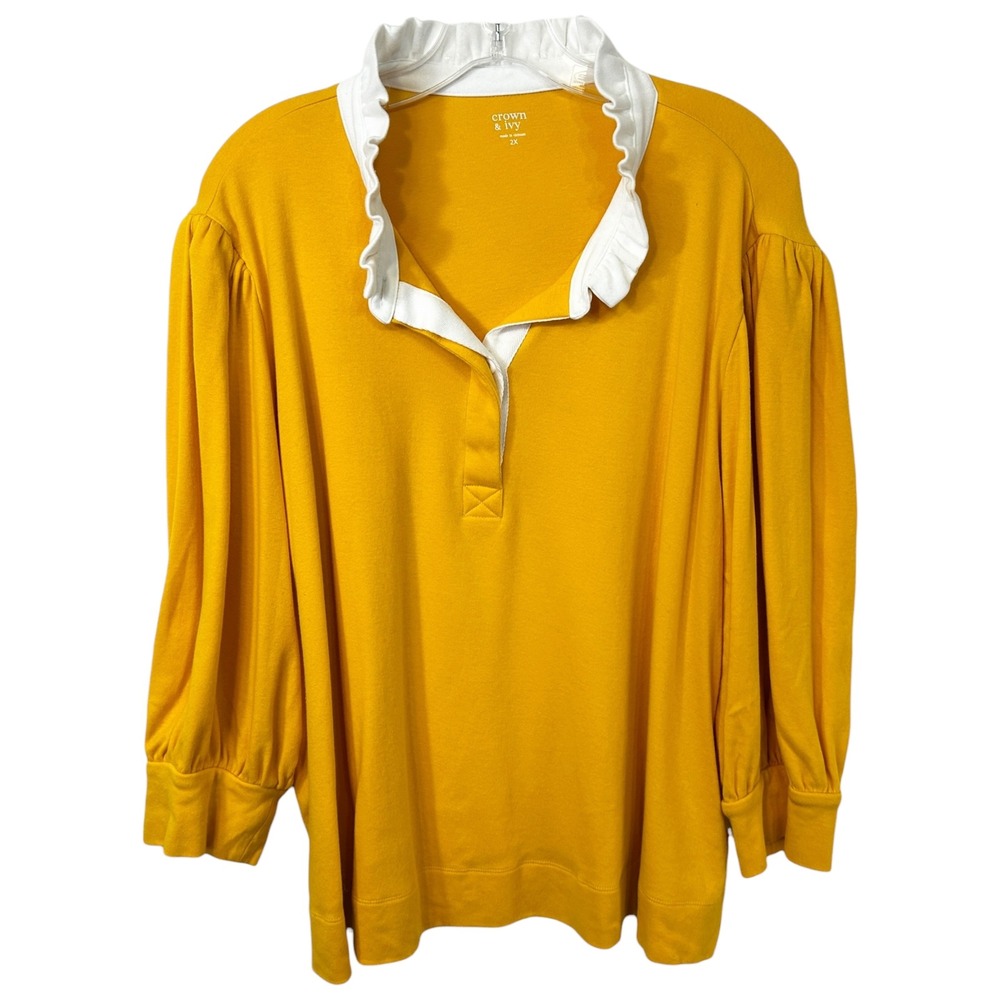 Crown & Ivy Plus Sz 2X‎ Top Mustard Yellow Rugby Ruffled Collar Puff Sleeve 1650